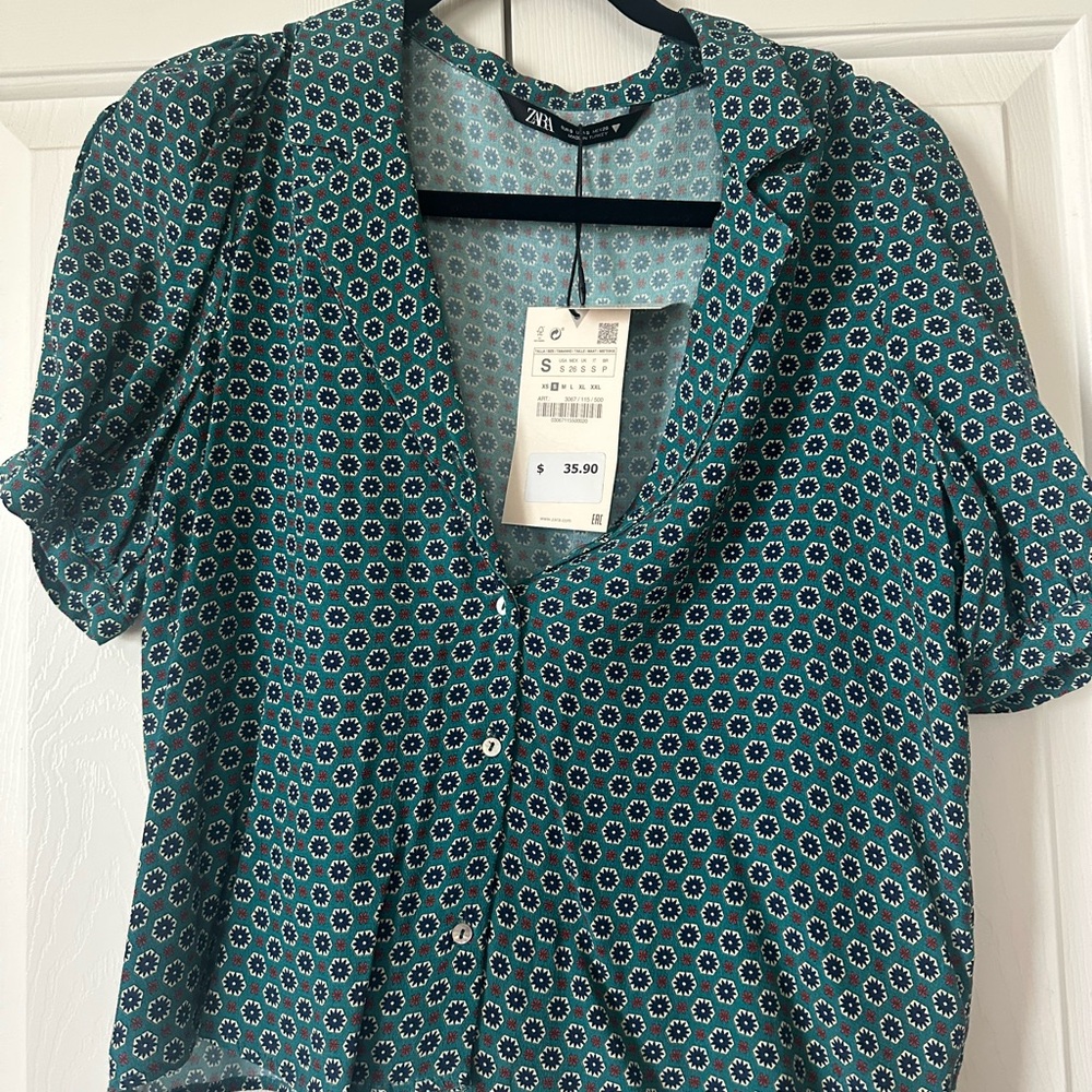 Zara Blue Patterned Button-Up Blouse